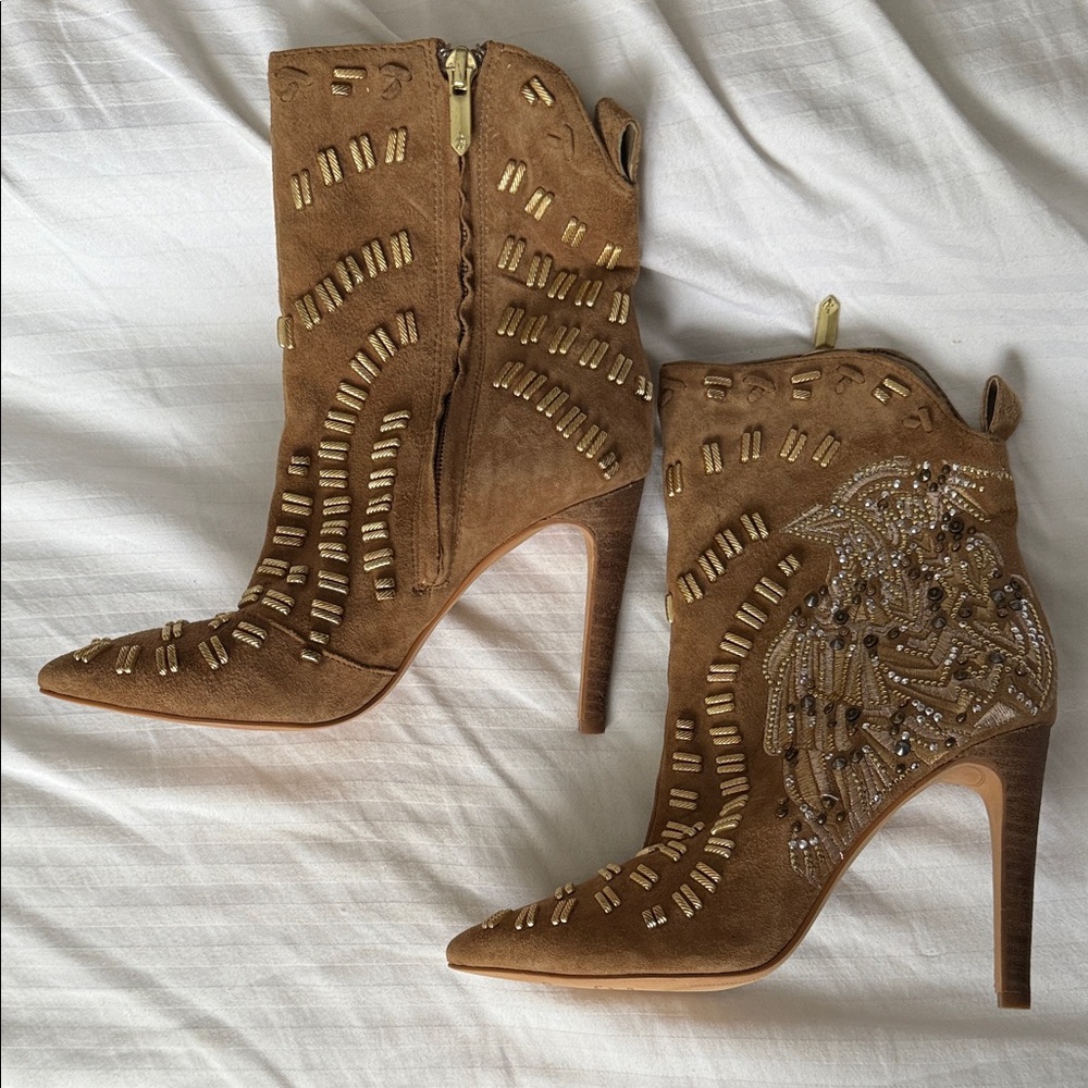 Sam Edelman Yarin Embellished Suede Ankle Boots - Tan, Beaded Western Style - 6